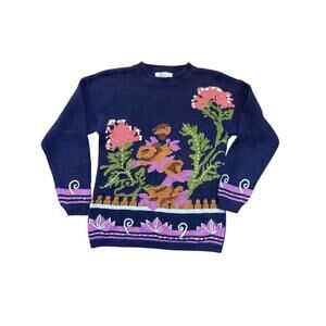 Vintage Melrose Women's Blue Floral Print Crew Neck Pullover Sweater Size S